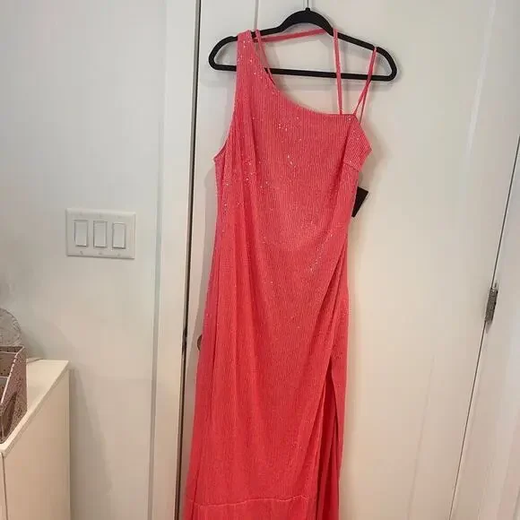 NWT Mac Duggal Pink Sequin One Shoulder Draped Back Gown Siz… - Picture 4 of 8